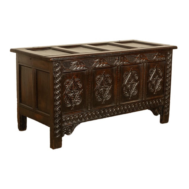 Jacobean Antique 17th Century Jacobean Charles II Dark Oak Carved Coffer Chest 1680 For Sale - Image 3 of 16