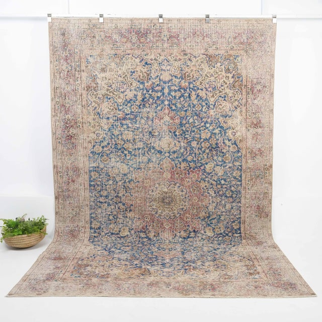 1970s Vintage Turkish Oushak Handmade Wool Cotton Blue Area Rug For Sale In San Francisco - Image 6 of 11