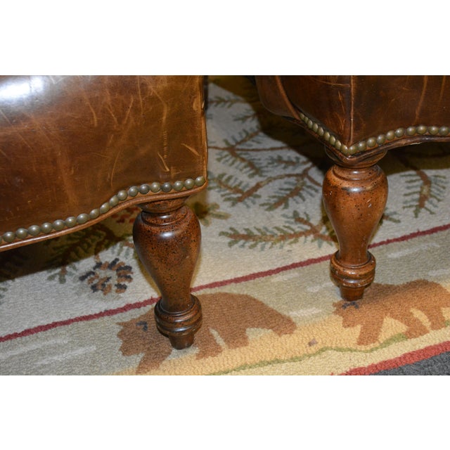 1990s 1990s Pair Tufted Back Brown Leather Arm Club Chairs High Back - English Library / Cigar Lounge For Sale - Image 5 of 17