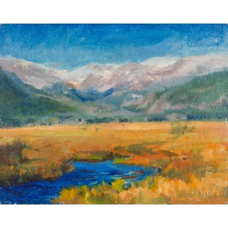 Colorado Blues by Marin Dobson | Oil on Panel Landscape with mountains and a river. For Sale