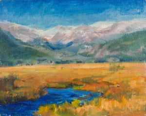 Colorado Blues by Marin Dobson | Oil on Panel Landscape with mountains and a river.