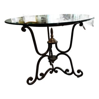 Vintage French Style Wrought Iron Accent Table With Round Glass Top For Sale