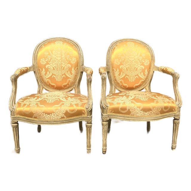 French 19th Century Louis XVI Painted Walnut Arm Chairs - Set of 2 For Sale