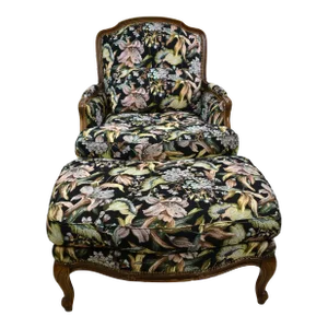 Italian Made Chateau d'Ax Spa Late 20th Century Louis XV Style Bergere Chair & Serpentine Ottoman Carved Floral Upholstery Decorative Nails - Set of 2