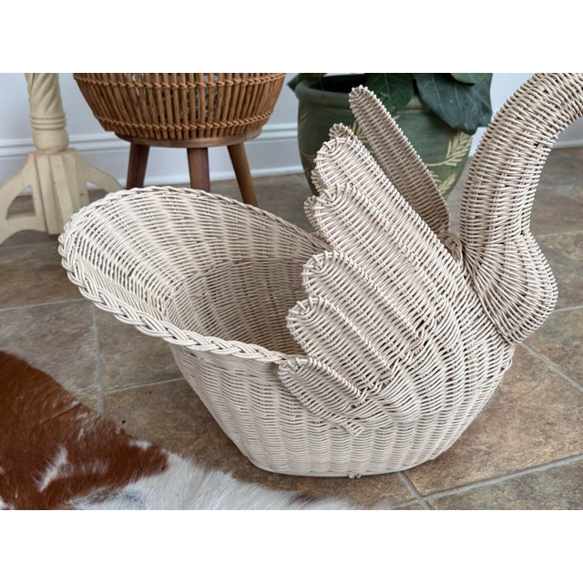 Cream Mid 20th Century Woven Wicker Rattan Goose or Swan Basket For Sale - Image 8 of 11