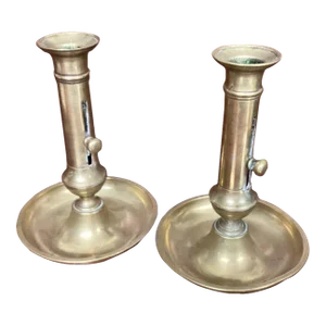 Pair of Antique 19th Century Round Base Brass Candlesticks With Side Ejectors