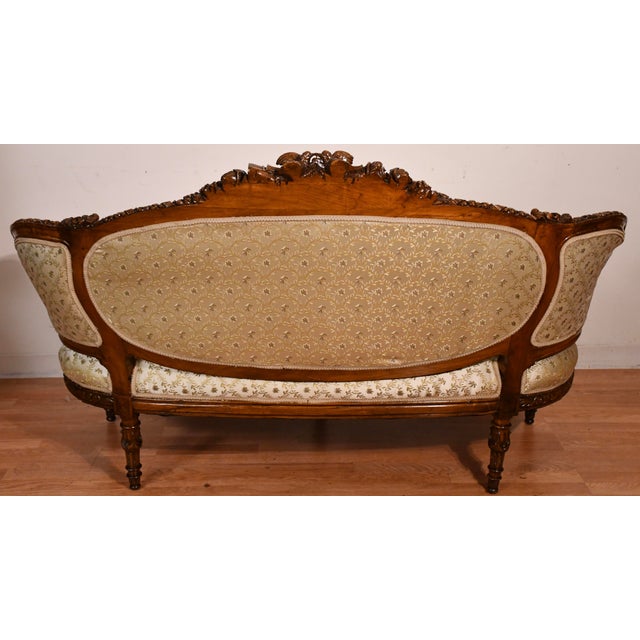 1920s Antique French Carved Walnut Spring-Seat Loveseat Sofa New Upholstery For Sale - Image 15 of 17