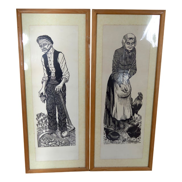 French Artist, Peasants, 1970, Woodcut Prints, Set of 2 For Sale
