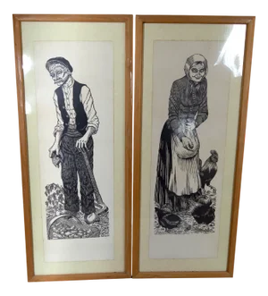 French Artist, Peasants, 1970, Woodcut Prints, Set of 2