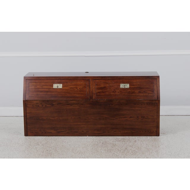 Henredon Scene 1 Campaign Style Oak Queen Size Bed For Sale - Image 12 of 18
