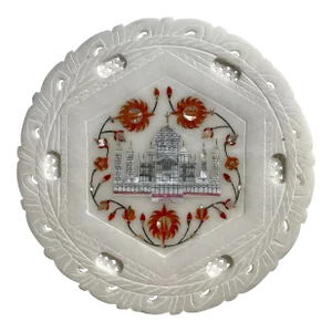 Mid-Century Taj Mahal Decorative Inlay White Marble & Mother Pearl Handmade Floral Plate