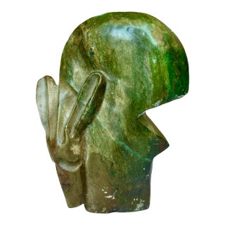 Vintage Abstract Green Stone Sculpture, Signed For Sale
