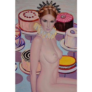 Let Them Eat Cake by Suzy Smith | Oil on Canvas Portrait of a woman with cakes in the background For Sale