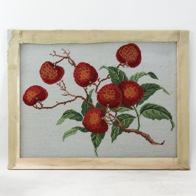 Textile Vintage Needlework Botanical Study – Rustic Lychee Fruit Branch Textile Wall Art For Sale - Image 7 of 8