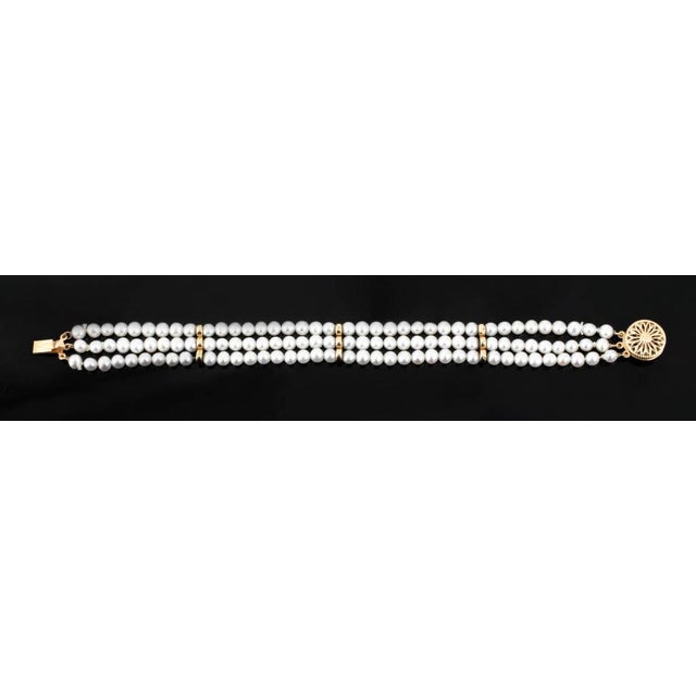 Metal 14k Gold Triple Strand Pearl Bracelet For Sale - Image 7 of 7