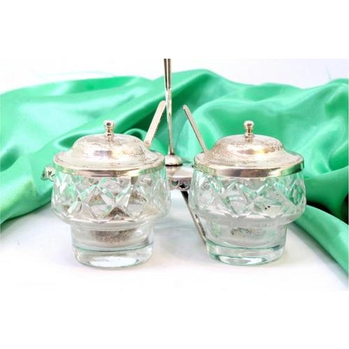 Salt and Pepper Shakers with Glass Cores, Cut-Out Structure, Silver Spoons and Lids, Set of 4 For Sale - Image 3 of 7
