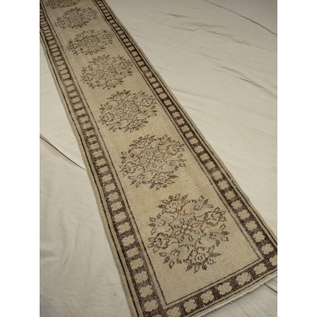 Textile Vintage Turkish Oushak Runner, Hand-Knotted Wool Pile, Ivory & Green, 3' x 11' For Sale - Image 7 of 9