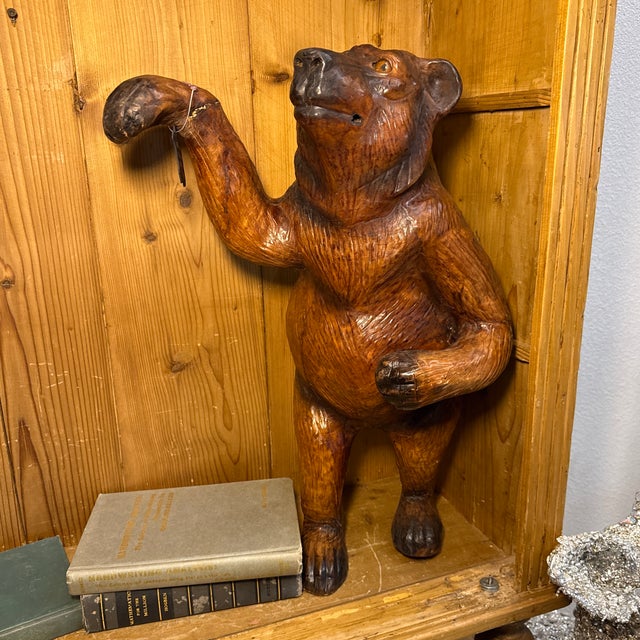 Chocolate Large Standing Bear Sculpture Sculpted Leather With Glass Eyes For Sale - Image 8 of 12