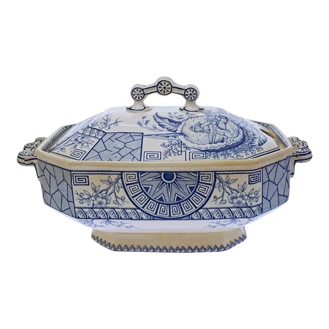19th Century Davenport Soup Tureen Mersey Aesthetic Blue Transferware Antique Arts & Crafts Pottery For Sale