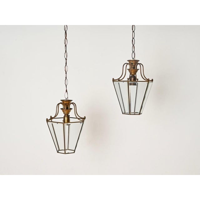 Hexagonal Brass and Glass Chandeliers after Adolf Loos, Italy, 1950s, Set of 2 For Sale - Image 4 of 12