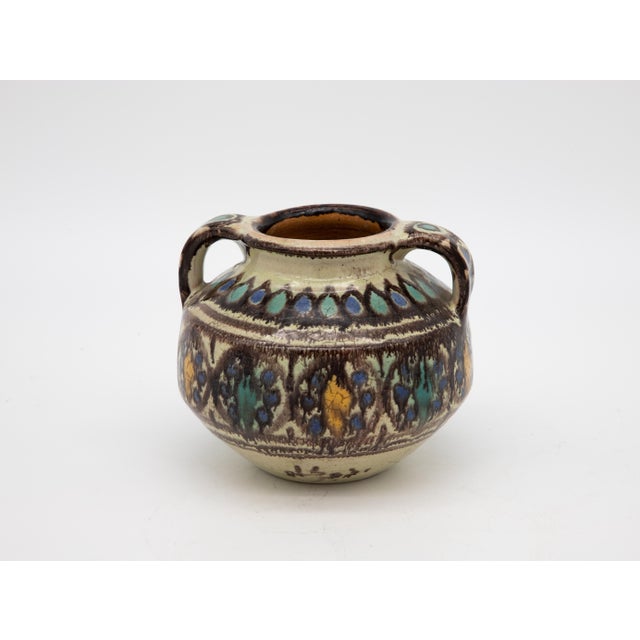 Antique Brown, Blue & Yellow Two-Handled Vase For Sale In New York - Image 6 of 11