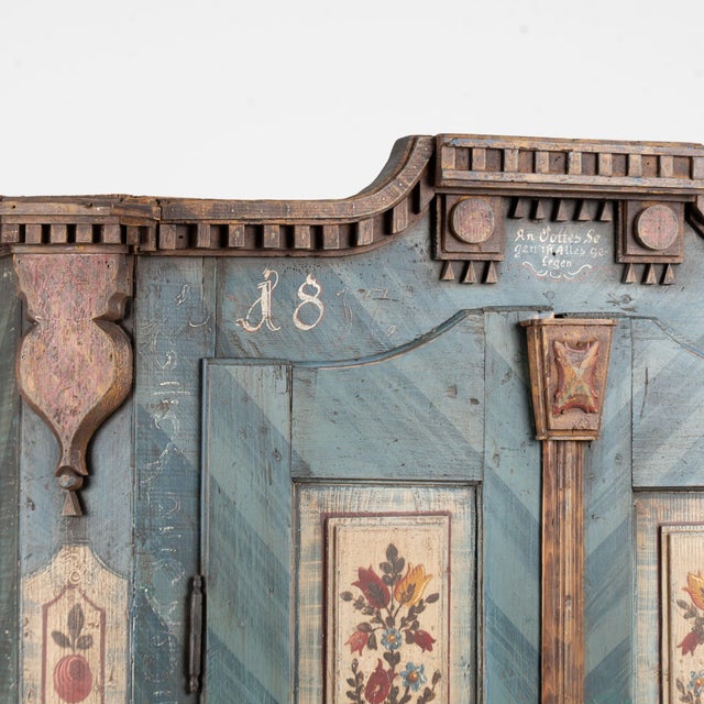 1831 Hungarian Original Blue Hand-Painted Pine Armoire For Sale - Image 4 of 13