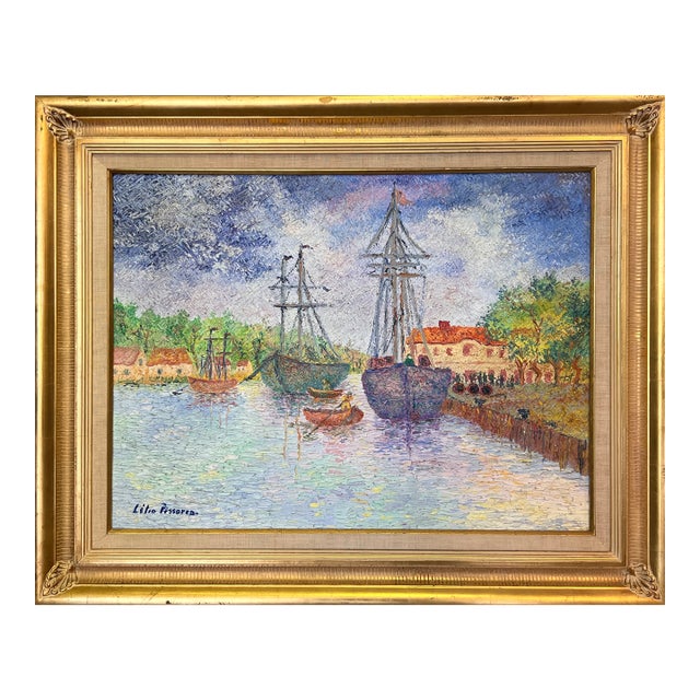 1960s Lélia Pissarro Signed Oil Painting French Harbor Port Landscape Impressionist For Sale