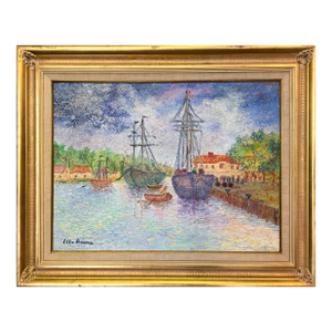 1960s Lélia Pissarro Signed Oil Painting French Harbor Port Landscape Impressionist