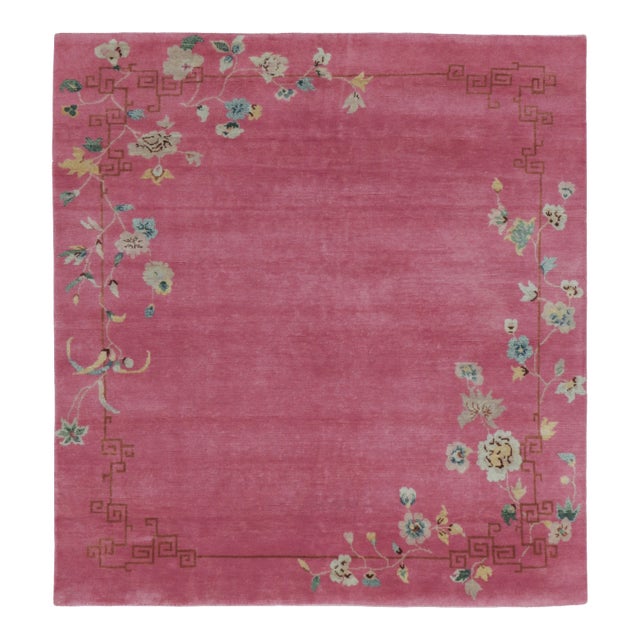 Contemporary Chinese Art Deco Style Square Floral Pink & Cream Wool Rug by Rug & Kilim For Sale