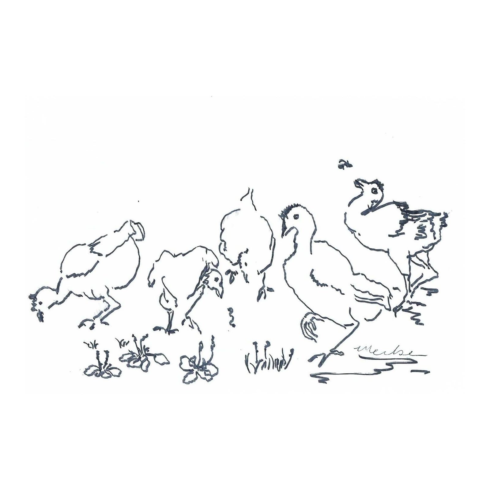 1960s Alexandra Merker Chickens Drawing | Chairish
