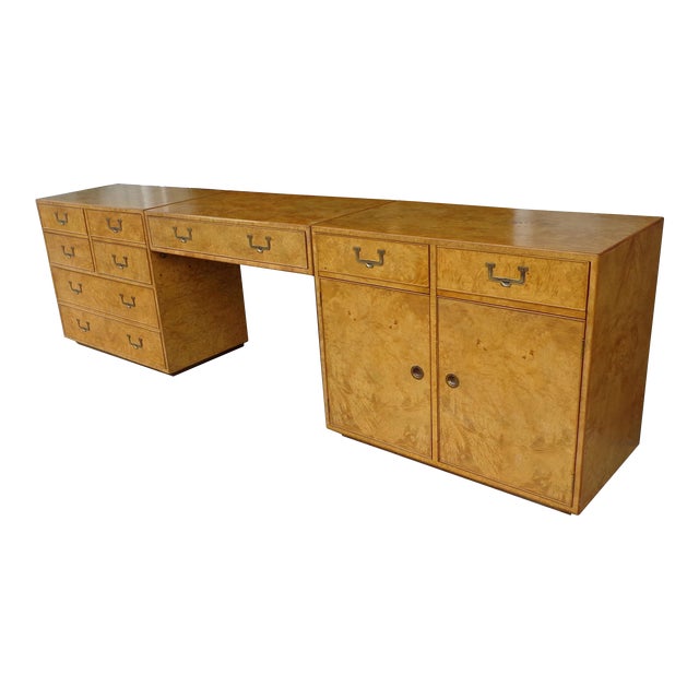 John Widdicomb Campaign Burl Kneehole Credenza Desk For Sale