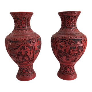 Antique Qing Dynasty Monumental Cinnebar & Lead Lacquer Baluster Vases - a Pair For Sale