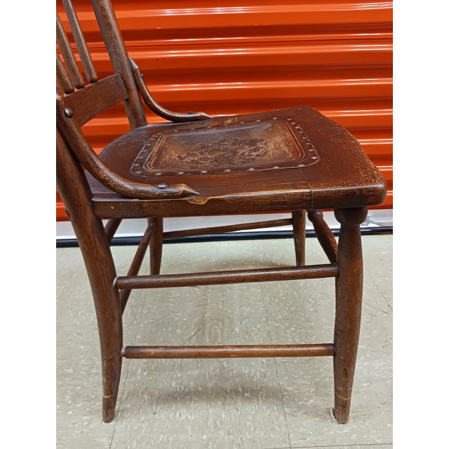 Antique American Pressed Back Oak Dining Chair With Embossed Leather Seat For Sale - Image 6 of 14