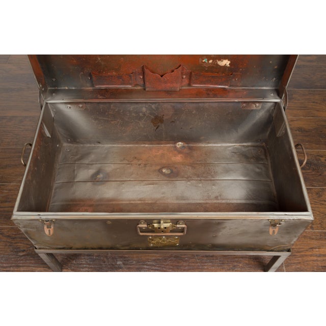 English 1920s Sarah Rackett Metal Trunk with Handles Mounted on New Custom Stand For Sale - Image 12 of 12