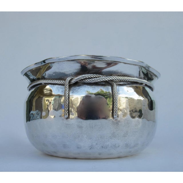 Vintage: 1970's, India hammered, siver plate cinched cachepot, and/or decorative center bowl with a metal tassel rope...