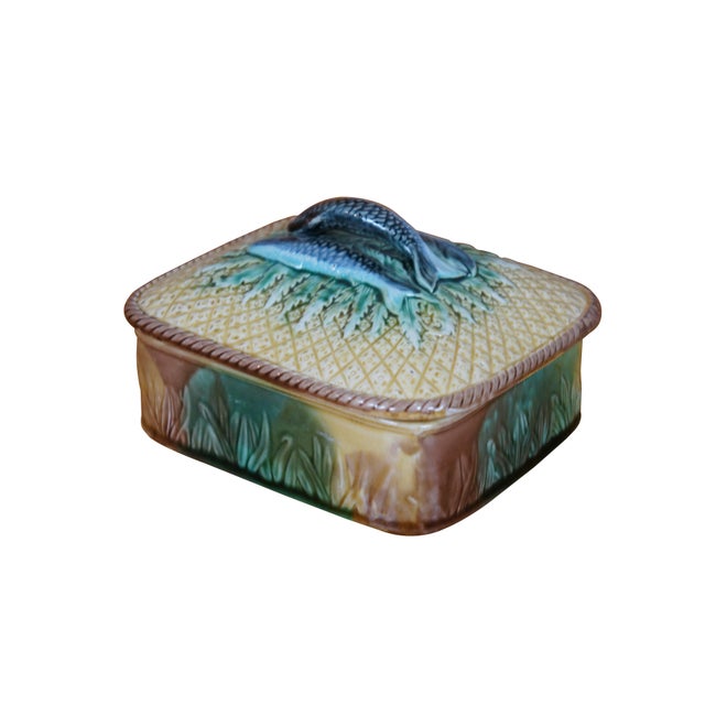 Antique Majolica Sardine fish box / lidded compote attributed to Adams & Bromley. It features a pineapple and basket weave...