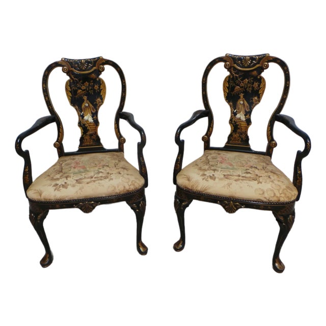 Rococo Style Oriental Painted Arm Chairs For Sale