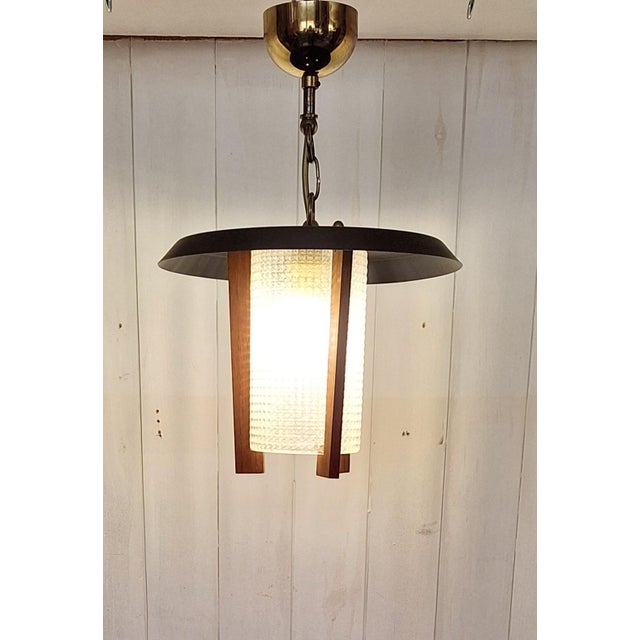 Black Vintage Lantern-Shaped Pendant Lamp with Relief Glass Shade, 1970s For Sale - Image 8 of 8