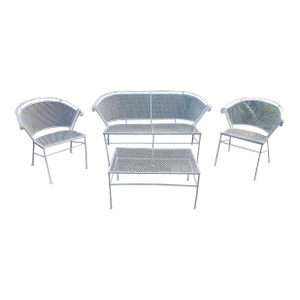 Mid 20th Century Modern Seating Set With Barrel Back Bench, 2 Chairs and Table, Attributed to Woodard