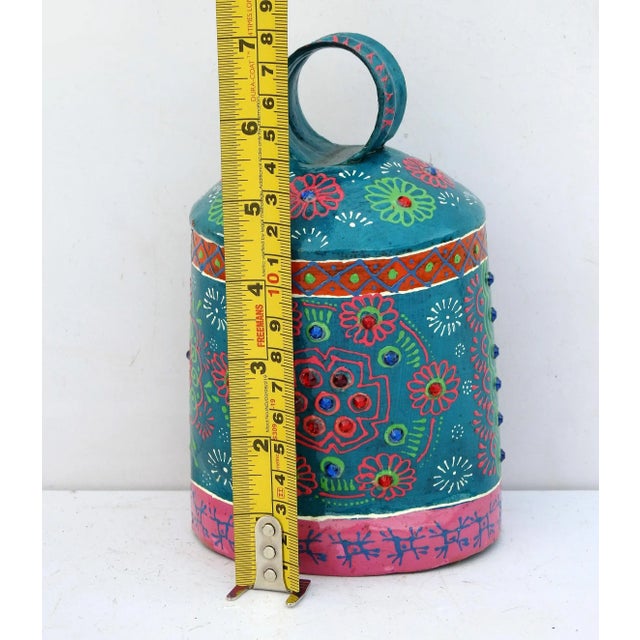 Arts & Crafts Vintage Cow Bell Metal Decorative Emboss Hand Painted For Sale - Image 3 of 3