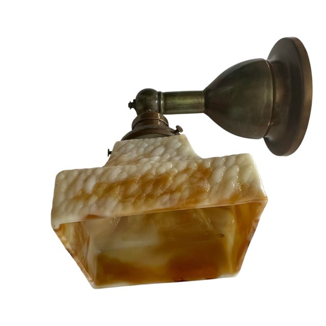 American Circa 1910’s Pair of Caramel Slag Glass Sconces on Brass Holders For Sale - Image 3 of 5