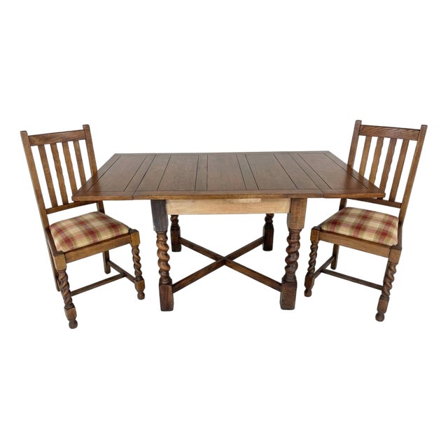 Professionally Refinished 1930s Solid Oak Barley Twist Desk/Table & 2 Matching Chairs Set For Sale