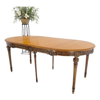 Round Racetrack w/ Two Large Leaves Carved Olive Finish Dining Table MINT! For Sale