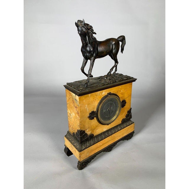 Stone Charles X Style Mantelpiece Set with Horse Clock and Pair of Casseroles For Sale - Image 7 of 12