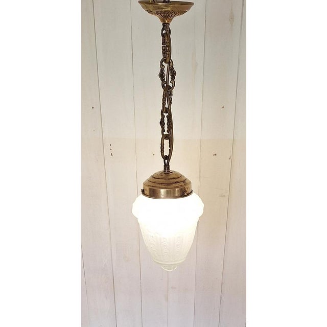 Antique French Teardrop Lamp with Frosted Relief Glass Shade on Brass Mount, 1900s For Sale - Image 6 of 9