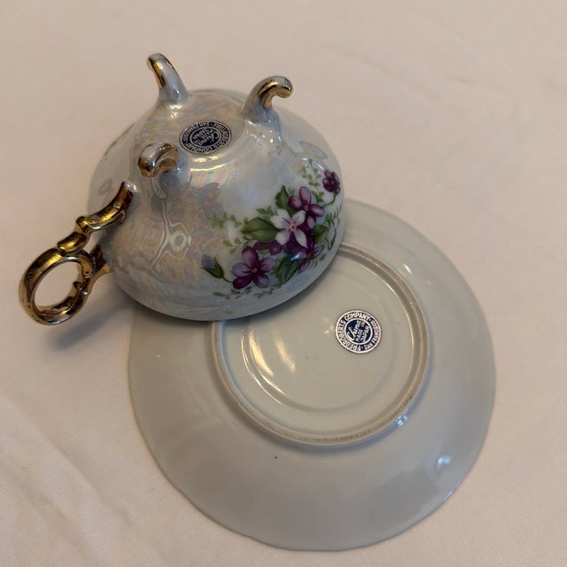 Vintage Iridescent Porcelain Teacup and Saucer With Violets and Gold Trim. For Sale - Image 11 of 12
