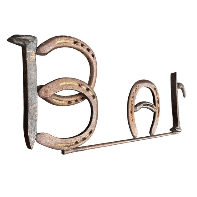 Farmhouse "Bar" Sign Made From Horseshoes and Railroad Spikes For Sale - Image 3 of 11