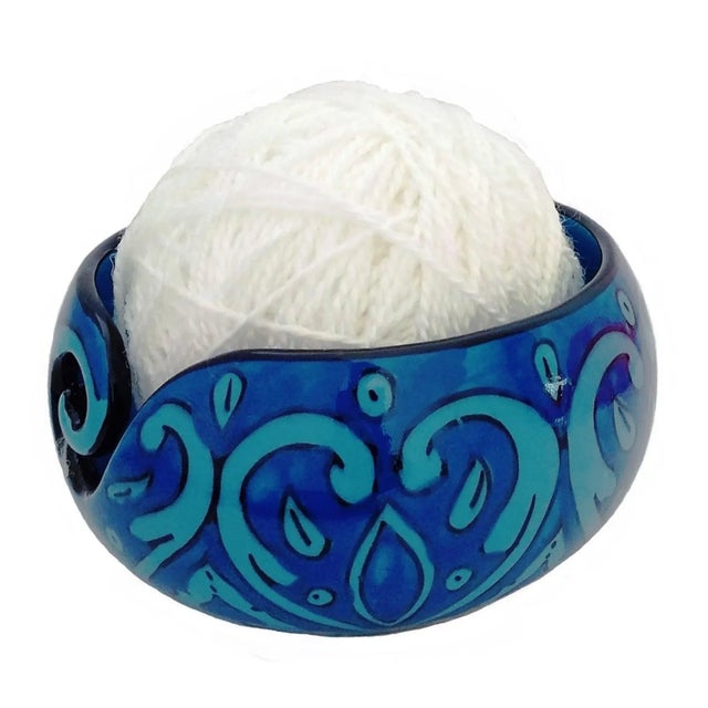 Boho Chic Handcrafted Deep Water Blue Ceramic Yarn Bowl For Sale - Image 4 of 5