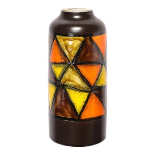 Mid-Century Ceramic Vase in Burnt Umber W/ Yellow & Orange Details by Aldo Londi For Sale