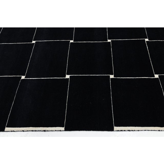 Modern Minimalist Black & Ivory Geometric Grid Wool Area Rug 10x14 For Sale - Image 10 of 12